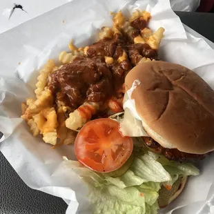 Spicy Buffalo burger with chili cheese fries.