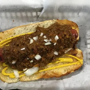 a chili dog in a basket