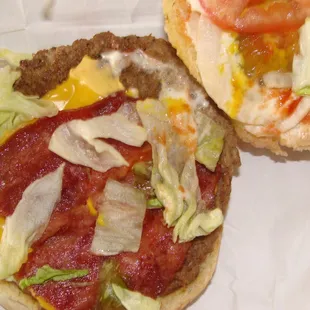 Close-up of a freshly-made Bacon Cheeseburger from Space Burger.