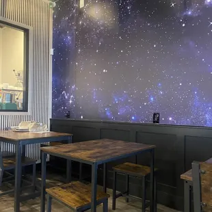 Seating area !! Cute  galaxy wall