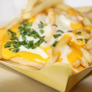 indulge in our cheesy fries, smothered in a blend of 100% real mozzarella and cheddar cheeses.