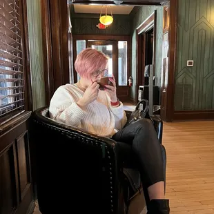 Sitting in one of the nooks enjoying our delicious drinks