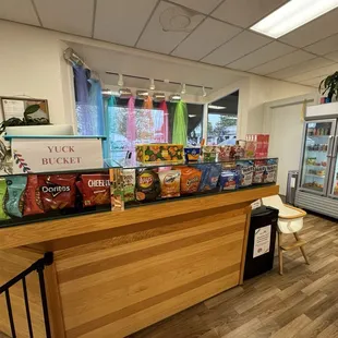 Snacks for sale and complimentary tea and coffee