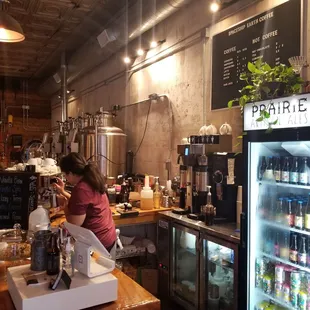 Coffee station. Beer drums in background.