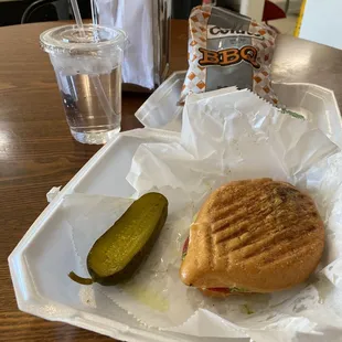 My Turkey panini, chips, and pickle lunch