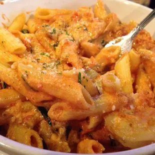 Build your own pasta bowl. Penne with pink sauce, shrimp, mushrooms,  and onions.