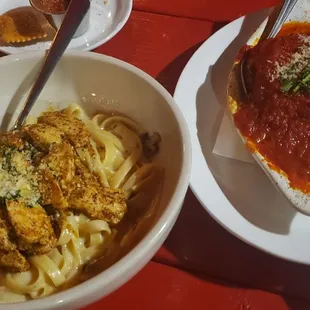 Both our plates.. lasagna &amp; blackened chicken alfredo.