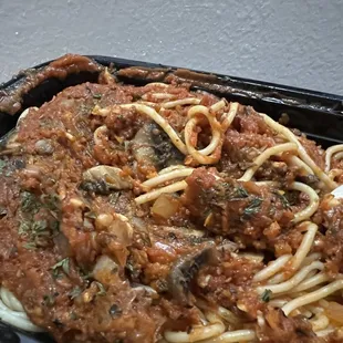 Marinara; standard with onions garlic and mushrooms. Kind of a let down when I love mushrooms.