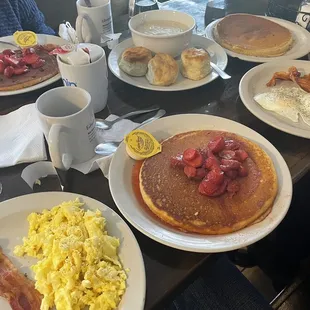 Pancakes, eggs, bacon, biscuits and gravy. Stay away from the strawberries. They were very cold and really chilled the pancakes.