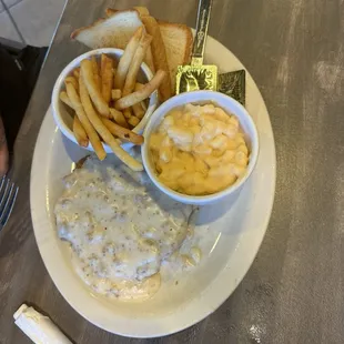 Country fried steak (small portion) mac and cheese and fries