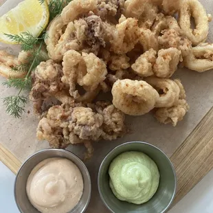 Fried calamari with green garlic and red pepper aioli.
