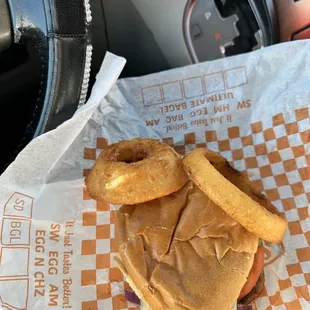 Loaded cheeseburger with onion rings