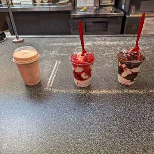 Our sweet treats.... Strawberry smoothie, strawberry sundae, cherry &amp; chocolate mudslide
