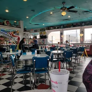 a diner with a checkered floor