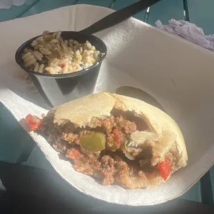 Beef with side of rice and beans