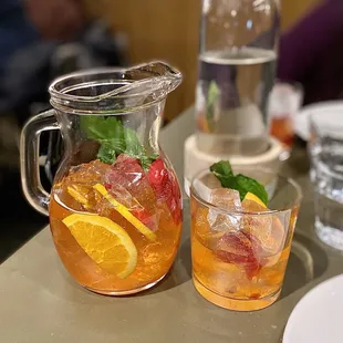 Half-pitcher of sensational sangria w/cava, gin and vermouth. Great in summer, even better in the dark days of December.