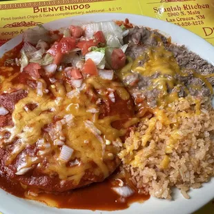 Red Enchiladas with rice and beans
