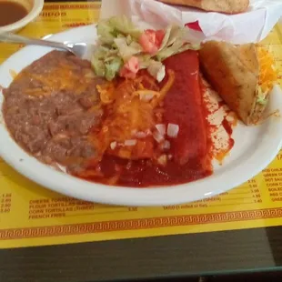 Combo meal with red chile...at the Spanish Kitchen. The food is pedestrian.