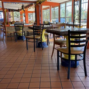 tables and chairs in a restaurant