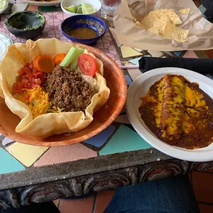 Taco salad and cheese enchilada