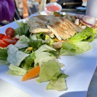 a plate of salad and chicken