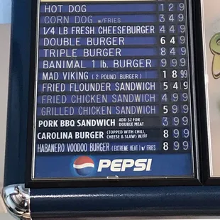 a menu for a hot dog