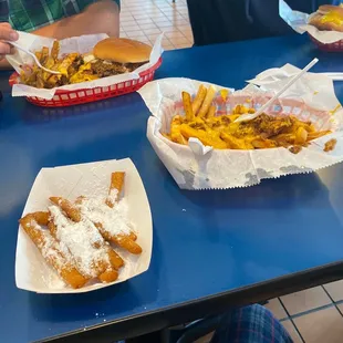 Funnel fries, chili and cheese fries, Carolina burger