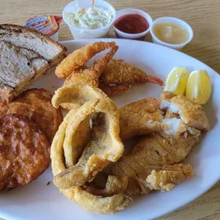 Combo fish fry (perch, cod, and shrimp) with potato pancakes