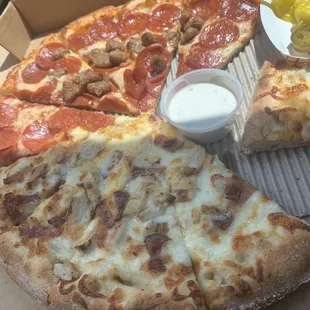 pepperoni, sausage, and cheese pizza