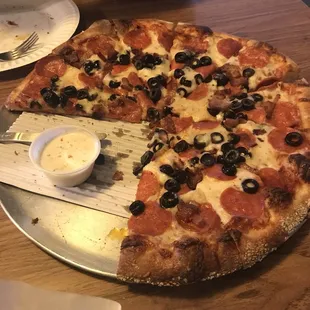 a pizza with pepperoni and olives