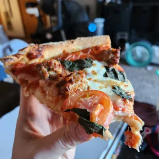 a hand holding a slice of pizza