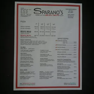 Sparano's Menu