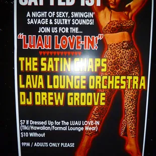 Poster for a "Luau Love-In" with discounted cover charge if you wear tiki, Hawaiian, or formal lounge wear.