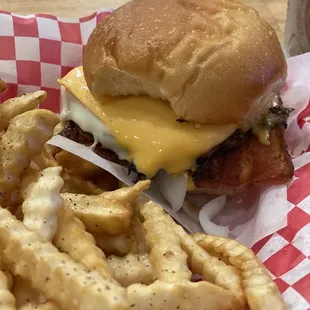 Single Spare Burger with raw onion &amp; fries.