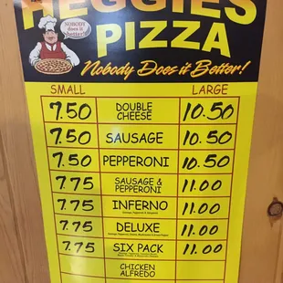 a menu for a pizza