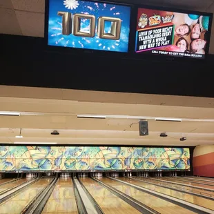 a bowling alley with bowling lanes
