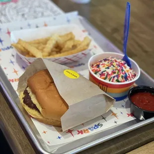 Kids burger meal with vanilla custard with sprinkles
