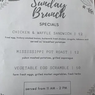 Sunday Brunch menu