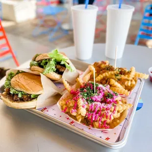 Chicken sandwich, Cali burger, pink fries, &amp; bacon cheese fries