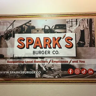 a sign for spark&apos;s burger company