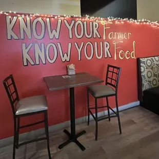 a red wall with a sign that says know your family know your food