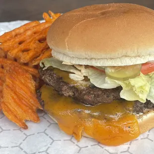 Classic locally-sourced cheeseburger with sweet potato waffle fries