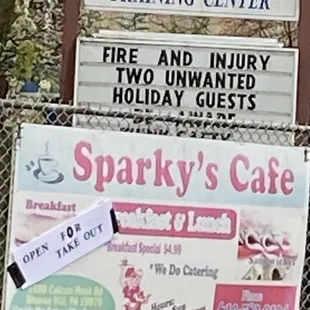 a sign for sparky&apos;s cafe