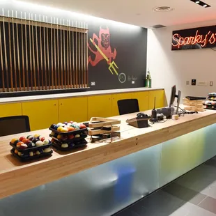 a counter with sushi on it