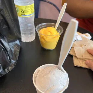 Mango lime sorbet (I think) and honey lavender ice cream
