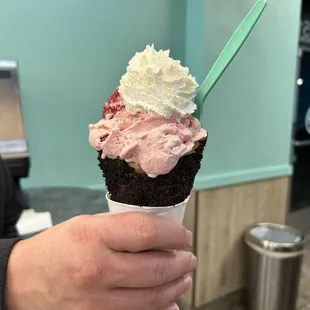 Small Strawberry Bliss with an Oreo cookie waffle cone.