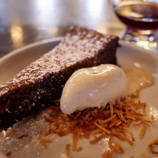 Chocolate ganache torte w/ pistachio gelato