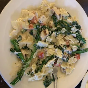 Pasta night on Wednesday nights.  Chiken brocclini peppers onions and spinach  White sauce garlic wine