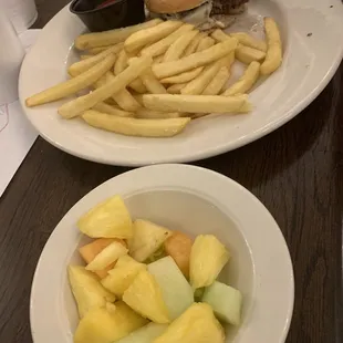 Kids burger with fries and a fruit cup
