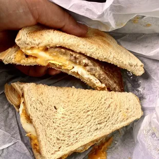 Sausage Breakfast Sandwich on Sourdough. Biggest piece of breakfast sausage I&apos;ve ever seen! Took up the full size bread.